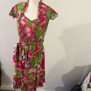 Lilly Pulitzer Pink Green Driscoll 2 Piece Floral Slip Dress W/ Robe Ruffle Sz 4